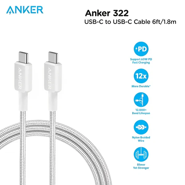 Anker 322 USB-C to USB-C 60W Cable 6ft - Image 2